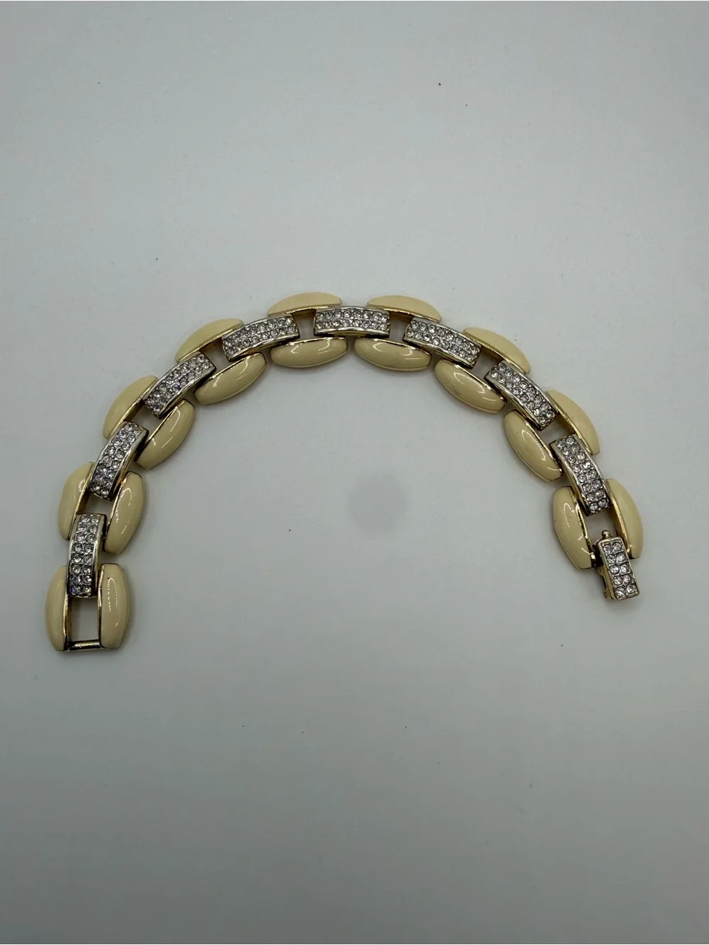 Vintage Signed Swarovski Cream Enamel Pavé Crystal Gold Tone Link Bracelet